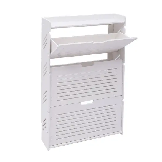 3 Storage Drawers Ultra-Thin Shoe Cabinet Organizer Boots Louvered Holder White {2}