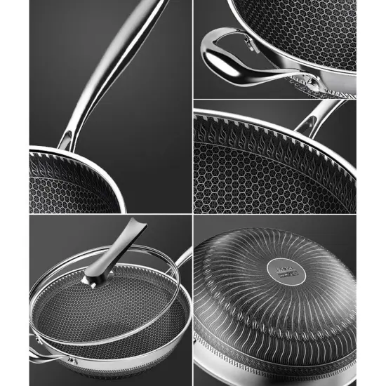 Non Stick Double Sided Honeycomb Cooking Frying Wok Pan with Lid Stainless Steel {3}