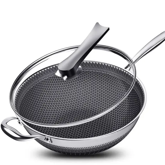 Non Stick Double Sided Honeycomb Cooking Frying Wok Pan with Lid Stainless Steel {1}
