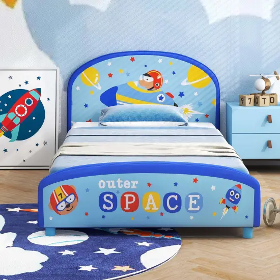 Honeyjoy Children Twin Size Upholstered Platform Single Bed with Headboard & Footboard Blue {5}