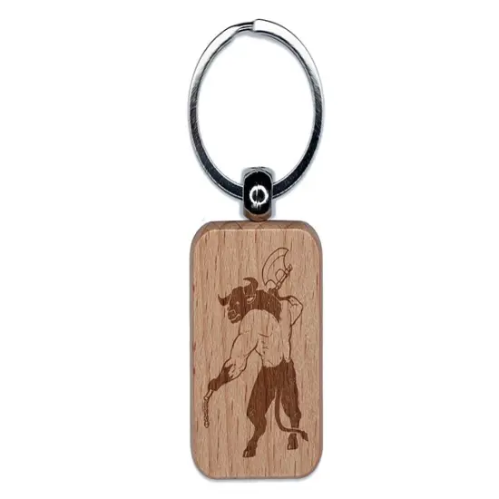 Minotaur Greek Myth Monster Engraved Wood Rectangle Keychain Tag Charm {1}