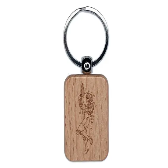 Pin-Up Space Woman Science Fiction Engraved Wood Rectangle Keychain Tag Charm {1}