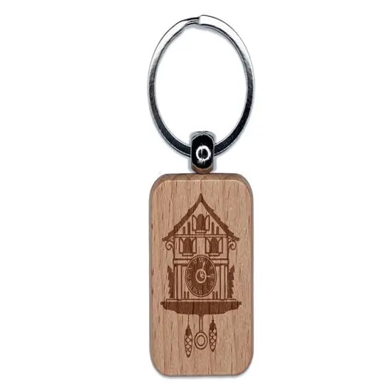 Cuckoo Clock German Black Forest House Engraved Wood Rectangle Keychain Tag Charm {1}