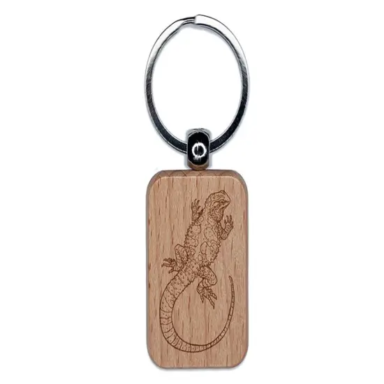 Bearded Dragon Lizard Looking Back Engraved Wood Rectangle Keychain Tag Charm {1}