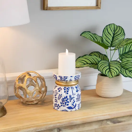 Northlight Floral Wooden Candle Holder - 6" - White and Blue {3}