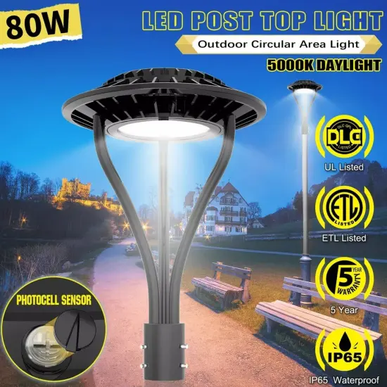 80W Led Post Top Light with Photocell Parking Lot Street Yard Circular Pole Lamp {5}