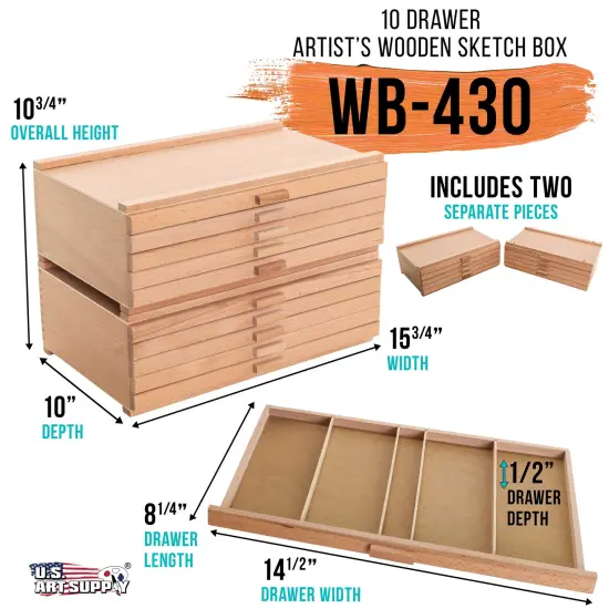 10 Drawer Wood Artist Supply Storage Box - Pastels, Pencils, Pens, Markers, Brushes {2}