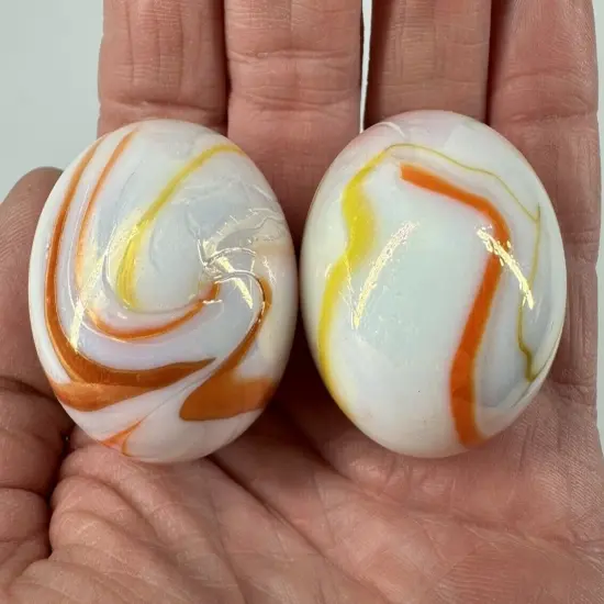 2 BOULDERS 35mm GELATO Marbles Glass White Yellow Orange Iridescent LARGE Swirl {6}