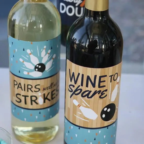 Big Dot of Happiness Strike Up the Fun - Bowling Decorations for Women and Men - Bowling Ball Party Wine Bottle Label Stickers - Set of 4 {3}