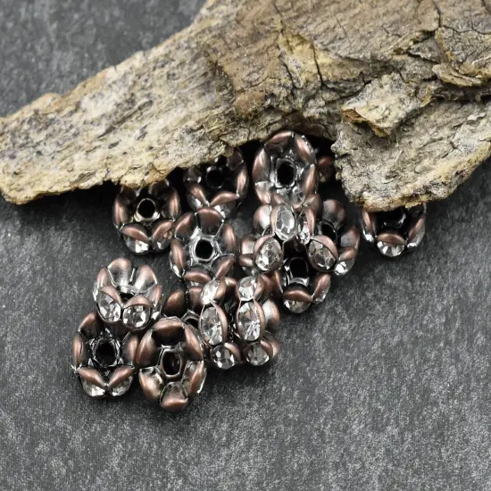 Antique Copper w/ Crystal Rhinestone Wavey Edge Rondelle Spacer Beads {3}