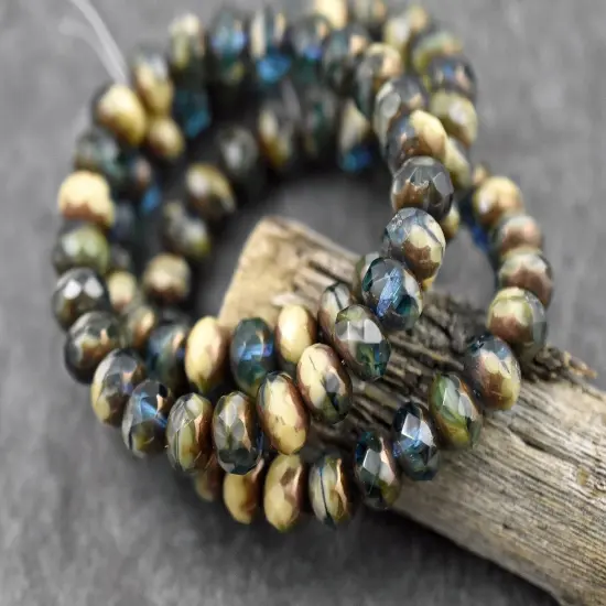 *25* 6x9mm Bronze Washed Blended Teal Ivory Fire Polished Rondelle Beads {2}