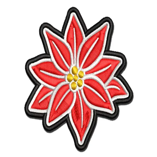 Poinsettia Flower Christmas Multi-Color Embroidered Iron-On or Hook & Loop Patch Applique {1}
