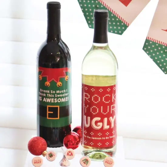Big Dot of Happiness Ugly Sweater - Holiday and Christmas Wine Bottle Label Stickers - Set of 4 {3}