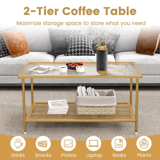 Costway 2-Tier Coffee Table with Shelf with Tempered Glass Top & Metal Frame Living Room {6}