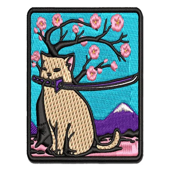Samurai Cat Under Sakura Cherry Blossom Multi-Color Embroidered Iron-On or Hook & Loop Patch Applique {1}