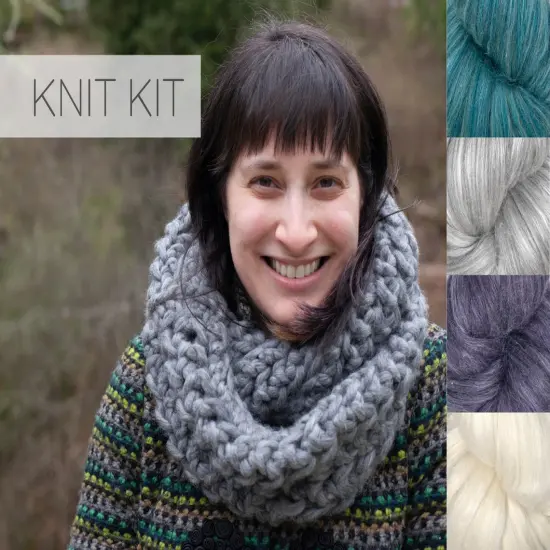 COWL KNITTING KIT: Super Soft Merino Silk Yarn + Large #19 needles + Written Pattern w/ Photo Tutorial. Gift for Knitters. Sapphire {2}