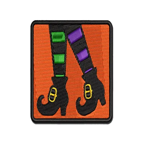 Witch Shoes Striped Stockings Halloween Multi-Color Embroidered Iron-On or Hook & Loop Patch Applique {1}
