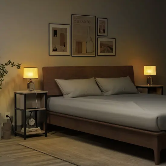 Costway 1/2 PCS Nightstand 3-Tier End Table with Charging Station USB Ports & Power Outlets Grey & Black {4}