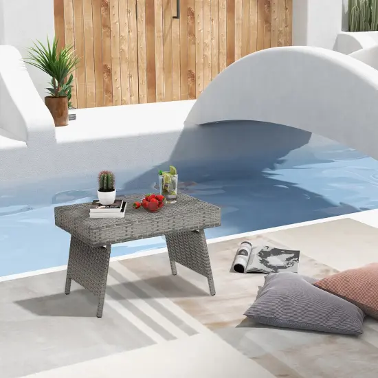 Costway Patio Folding Rattan Wicker Side Table End Coffee Table Portable Garden Mix Grey {1}