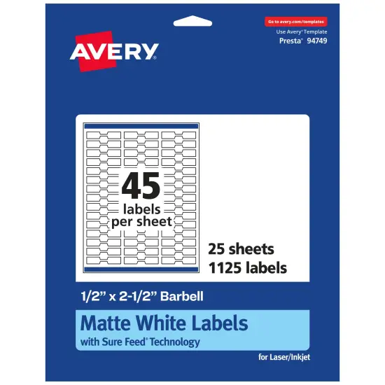 Avery Matte White Barbell Labels with Sure Feed, 1/2" x 2-1/2" {6}
