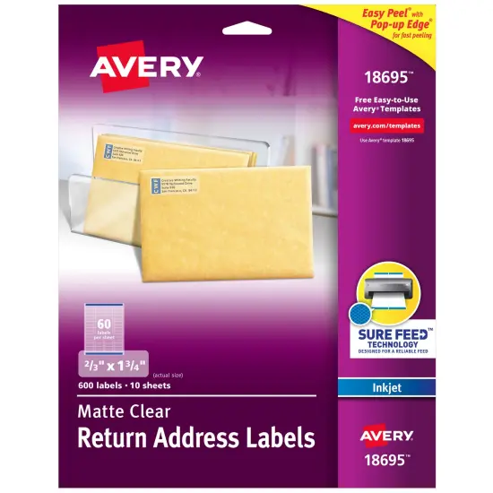Avery Matte Clear Return Address Labels, Sure Feed Technology, Inkjet, 2/3" x 1-3/4", 600 Labels (18695) {1}