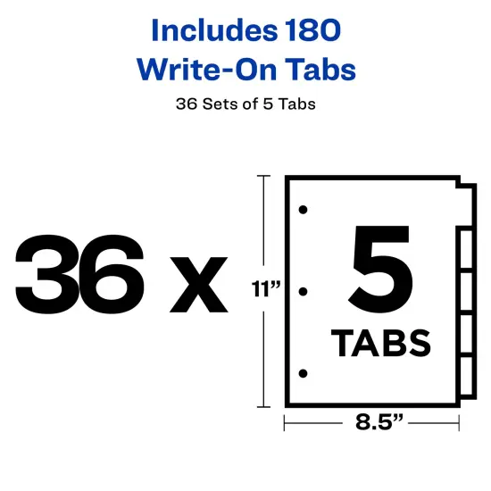 Avery Binder Tabs Divider &ndash; Bulk 5‑Tab Write‑On Design, Tear‑Resistant Reinforced Holes, Fits Standard 3‑Ring Binder, White Recycled Index Paper, 36 Sets &ndash; Ideal for Students & Offices {4}