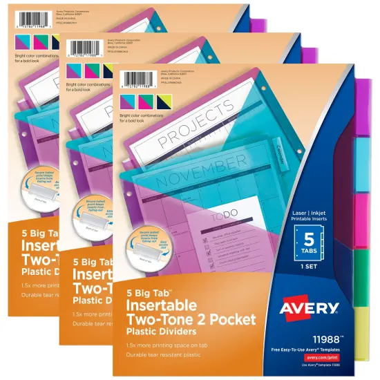 Avery Big Tab Insertable 2 Pocket Dividers for 3 Ring Binders, 5-Tab Sets, Bright Two-Tone Multicolor, 3 Binder Divider Sets (01742) {1}
