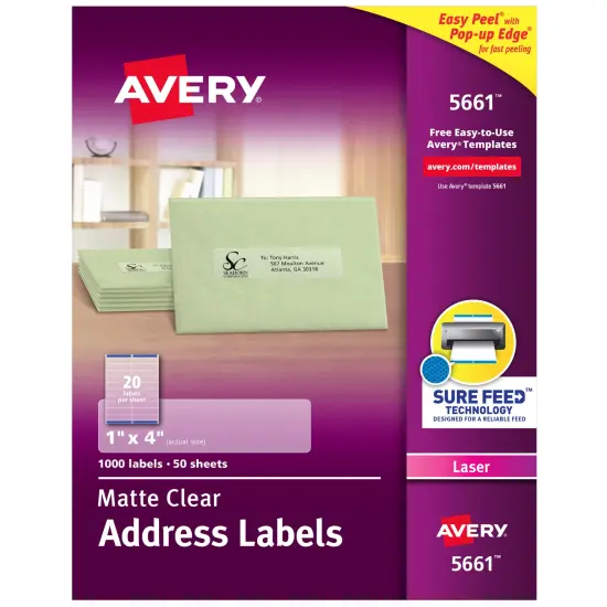Avery Matte Clear Address Labels, Sure Feed Technology, Laser, 1" x 4", 1,000 Labels (5661) {1}