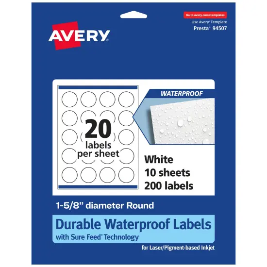 Avery Durable Waterproof Round Labels with Sure Feed, 1-5/8" diameter {7}
