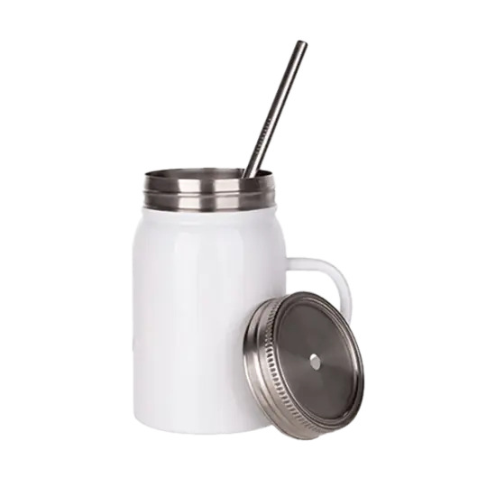 17oz Stainless Steel Mason Jar with Handle, Lid and Straw (White) {3}