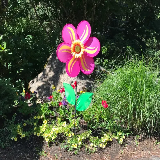In the Breeze 2694 - 19 Inch Pink Sunflower Wind Spinner with Leaves - Colorful Flower for your Yard and Garden {3}