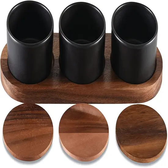 Black Ceramic Condiment Set on Acacia Wood Base {1}