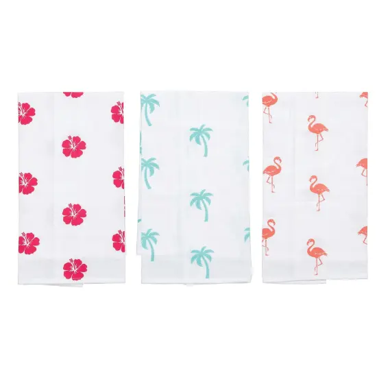 Tropical Flowers Flamingos & Palm Trees Printed Flour Sack Kitchen Dishtowels Set of 3 {1}