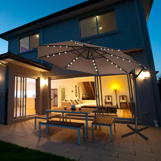 Costway 10FT Patio Offset Umbrella Solar LED 360degrees Rotation Brown {2}