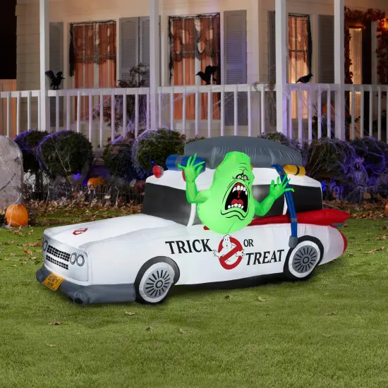 7' Gemmy Airblown Ghostbuster's Ecto-1 Mobile w/ Slimer Yard Decoration 552108 {2}