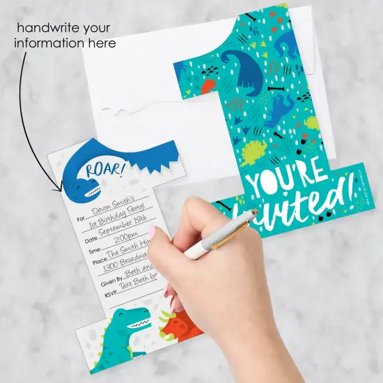 Big Dot of Happiness 1st Birthday Roar Dinosaur - Shaped Fill-In Invites ONEasaurus Dino First Birthday Party Invitation Cards with Envelopes - 12 Ct {3}