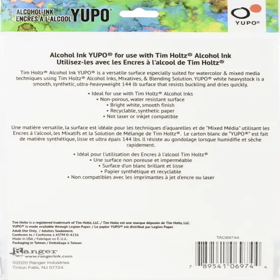 Tim Holtz Alcohol Ink White Yupo Paper 144lb 5/Pkg-8"X10" {2}