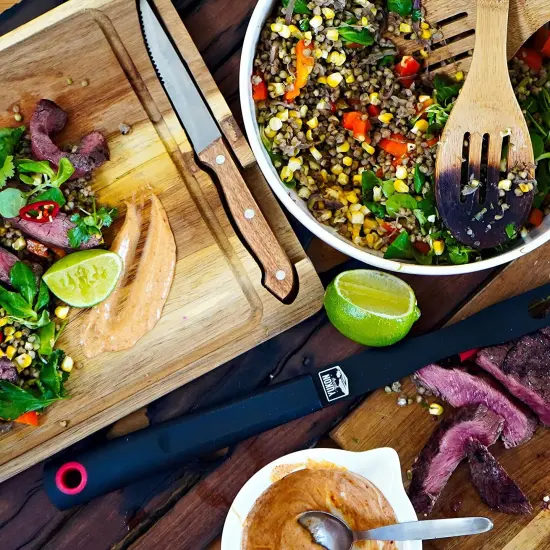 Yukon Glory Premium 100% Acacia Steak Board with Juice Groove, Steak Knife, and Condiment Cups, 3 pk {3}