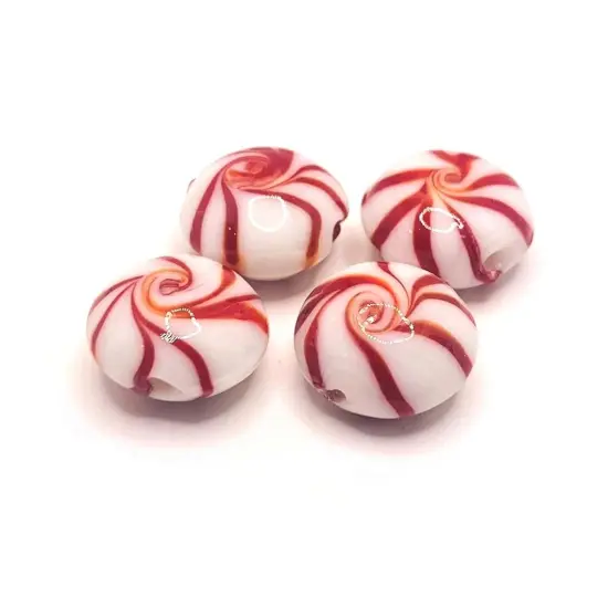 4, 20 or 50 Pieces: Red and White Mint Candy Glass Lampwork Beads {1}