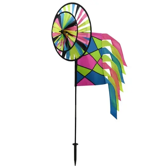 In the Breeze Neon Colorblock Spinner Wheels with Garden Flag and Tails - Ground Stake Included - Colorful Décor for your Yard and Garden {1}