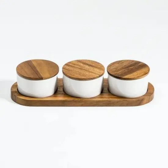 Kalmar Home Ceramic Condiment Set on Acacia Wood Base {1}
