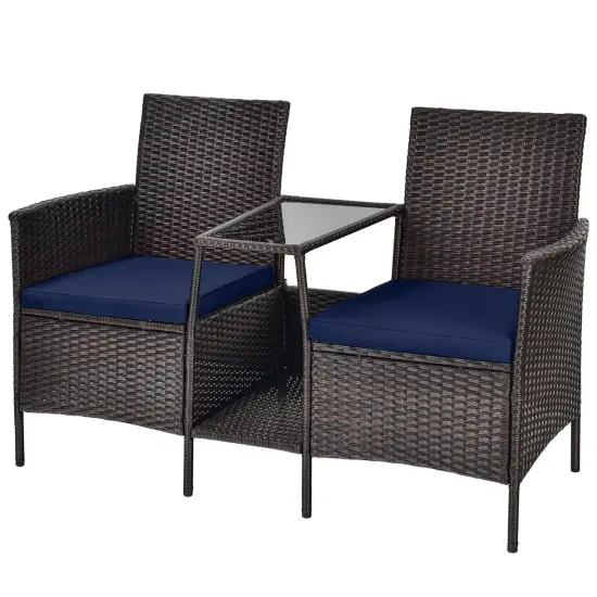 Costway Patio Rattan Wicker Conversation Set Sofa Cushioned Loveseat Glass Table {2}