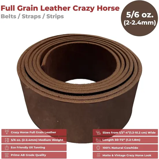 1.25"x50" (3.2x127cm) ELW 5-6 oz (2-2.4mm) 72" Length, Straps, Belts, Strips Full Grain Leather Crazy Horse Belt Medium DIY Craft, Pet Collars, Blanks, Accessory, Jewelry, Wrapping Bourbon Brown {2}
