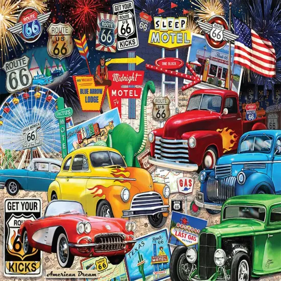 Route 66 Vintage Cars and Trucks - 1000 Piece Jigsaw Puzzle {1}