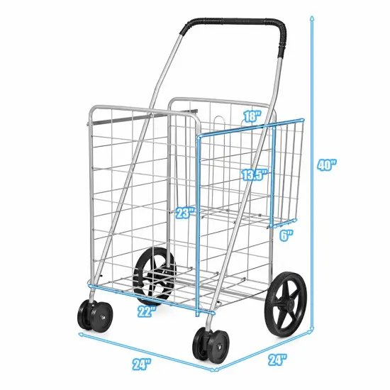 Costway Utility Shopping Cart Foldable Jumbo Basket Outdoor Grocery Laundry Silver {3}