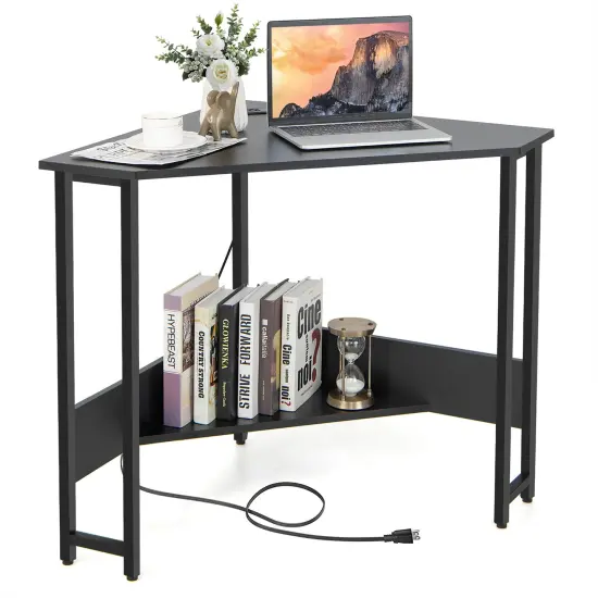 Costway Triangle Computer Desk Corner Desk Home Office with Power Outlets USB Ports Black/Rustic {7}