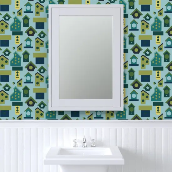 Pre-Pasted Wallpaper 2FT Wide Birdhouse Colorful Cheerful Gardening Birding Teal Blue Green Custom Pre-pasted Wallpaper by Spoonflower {6}