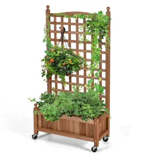 50 Inch Wood Planter Box with Trellis Mobile Raised Bed for Climbing Plant {1}