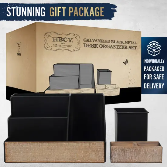 HBCY Creations 3 PIECE Desk Organizer Set- Rustic Mail Organizer For Desktop - Great For Rustic or Industrial Decor! Makeup Organizer For Vanity Black {4}