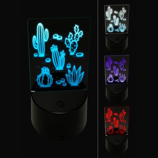 Cactuses Succulent and Stones 3D Illusion LED Night Light Sign Nightstand Desk Lamp {1}